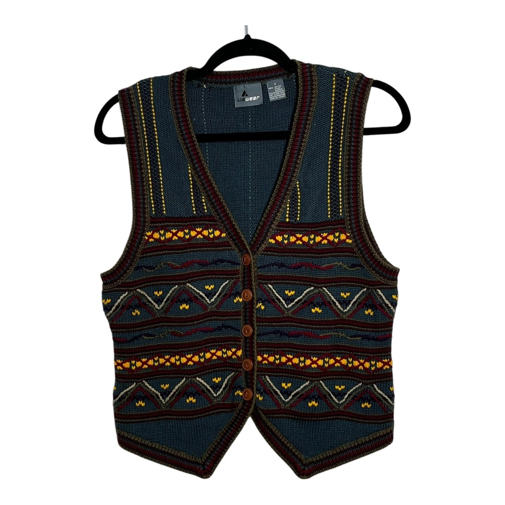 Lizwear Womens Vintage Southwestern‎ Cotton Knit Sweater Vest Teal Geometric S